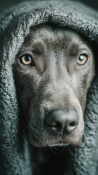 Dog Wrapped in Grey Blanket Showing Expressive Eyes and Calm Demeanor at Home photo
