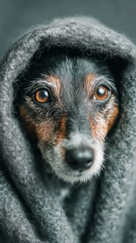 Dog Wrapped in Grey Blanket Showing Expressive Eyes and Calm Demeanor at Home. photo