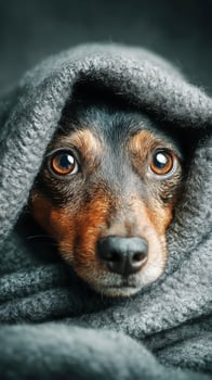 Dog Wrapped in a Cozy Blanket With Expressive Eyes Looking Curiously at the Camera photo