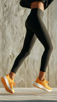 Active Woman Jogging Outdoors in Black Leggings and Orange Sneakers on a Smooth Concrete Background photo