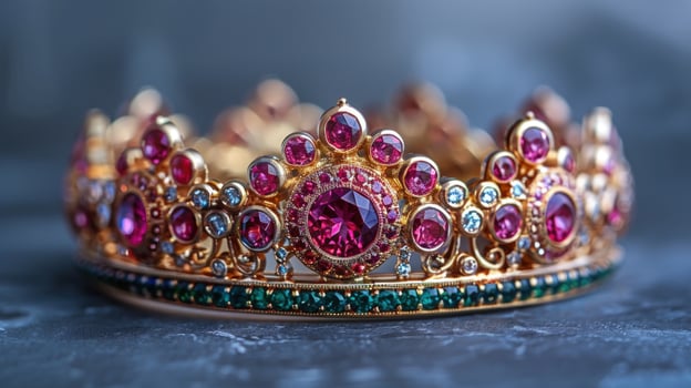 A golden crown adorned with pink and green gemstones. photo