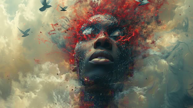 Abstract digital art of a woman's face emerging from red and black smoke, with a cloudy background. photo
