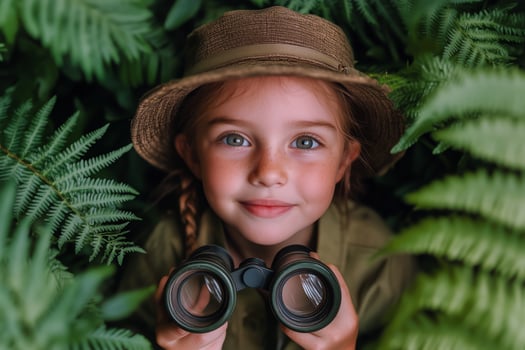 Young Explorer With Binoculars Surrounded by Lush Green Ferns in a Forest. photo