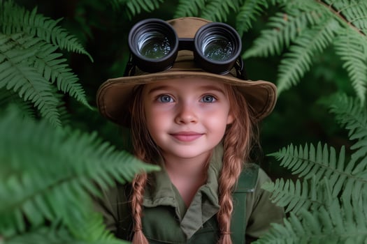 Young Explorer With Binoculars Surrounded by Lush Green Ferns in a Forest photo