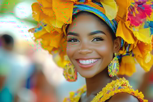 Smiling Woman in Vibrant Traditional Attire During Cultural Festival Celebration in Sunny Outdoor Setting photo
