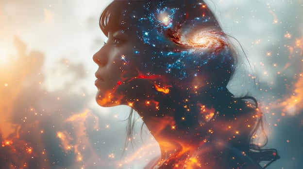 A woman with a galaxy inside her head, symbolizing imagination and creativity. photo