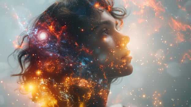 Woman's face with a galaxy superimposed over it, evoking a sense of wonder and imagination. photo