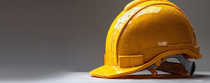 Yellow construction hard hat with water droplets on a gray background. photo