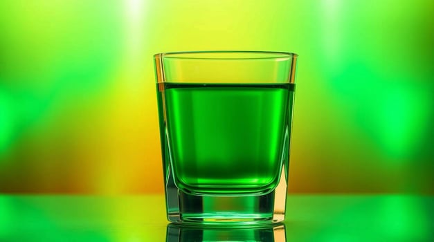 A green shot glass on a table with a bright background photo