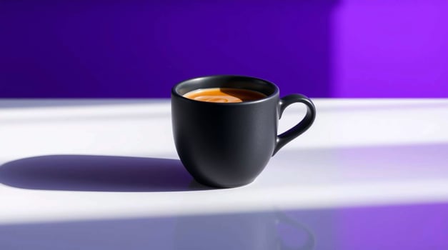 A black cup of coffee on a white table photo