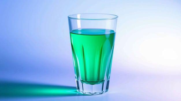 A green liquid in a glass on a blue background photo
