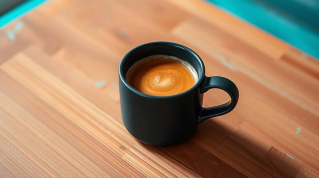 Espresso Coffee in Black Mug on Wooden Table Beverages photo