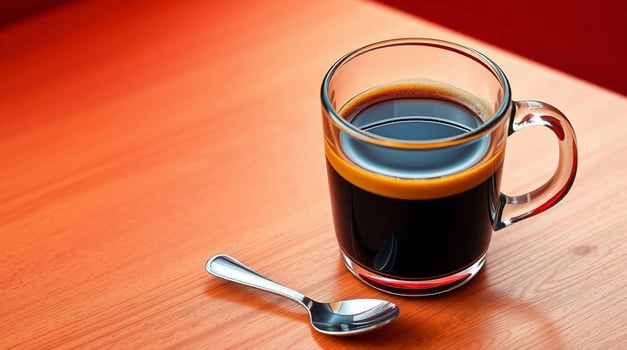 A glass of black coffee with a spoon on a wooden table photo