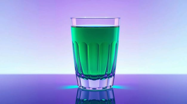 A green liquid in a glass on a purple background photo