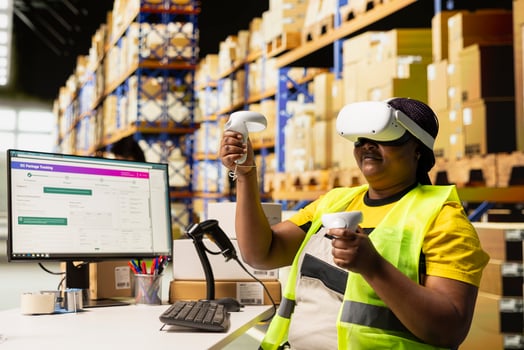 Depot clerk uses virtual reality headset to manage order processing and parcel status, AI powered setup enhances logistics and fast delivery operations with virtual reality tools. photo