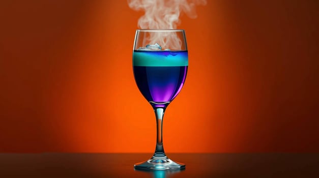 Layered Cocktail in Wine Glass with Steam Vibrant Blue and Purple Drink Photography Beverages photo