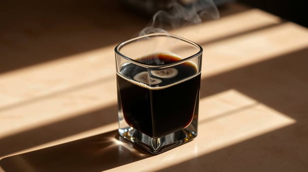 A glass of black coffee with steam coming out of it photo