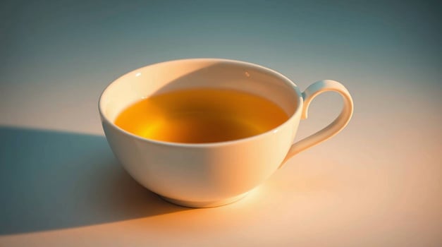 A cup of tea on a table with a shadow photo