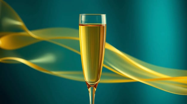 Elegant Champagne Flute with Abstract Gold Swirls on Teal Background Beverages photo