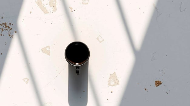 A black coffee cup is sitting on a white wall photo