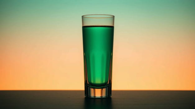 Emerald Liquid in Glass Against Sunset Beverages photo