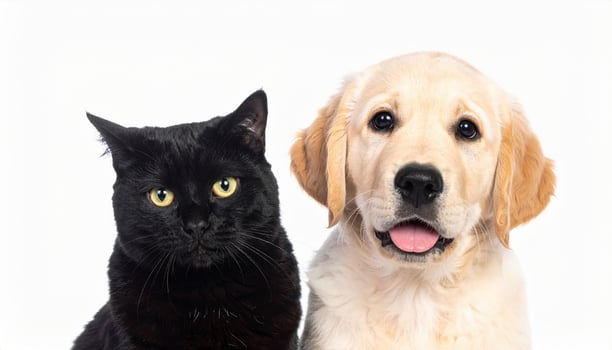 A black cat and a golden retriever are sitting next to each other photo