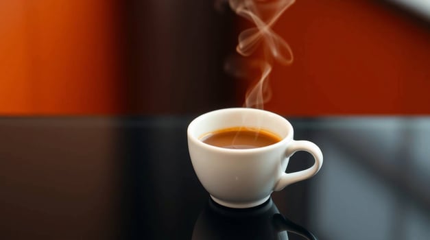 Hot Coffee in White Cup on Black Table Steam Rising Warm Beverage Cafe Atmosphere Beverages photo