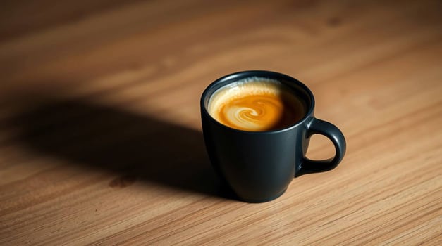 A black cup of coffee on a wooden table photo