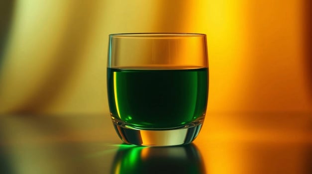 Emerald Liquid in Glassware Against Warm Background Beverages photo