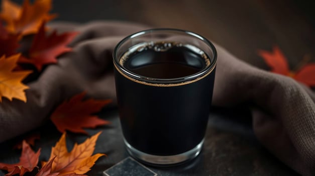 A glass of black coffee with autumn leaves photo