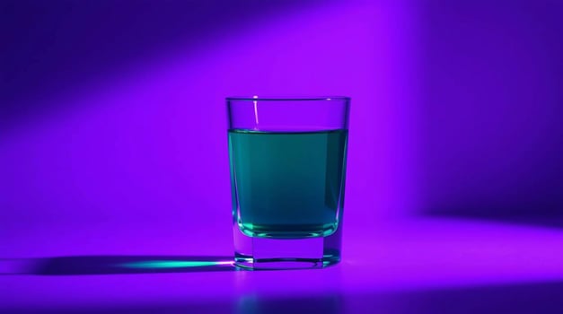 A shot glass with green liquid on a purple background photo