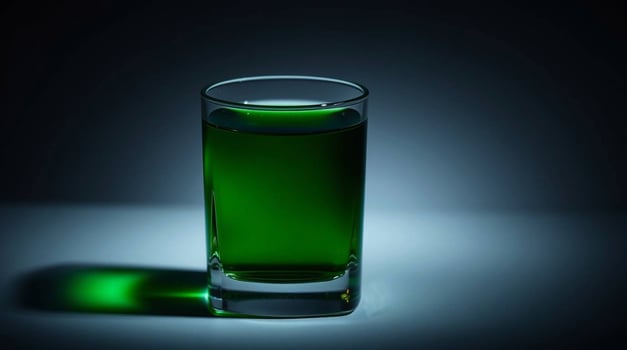 A green liquid in a glass on a dark background photo
