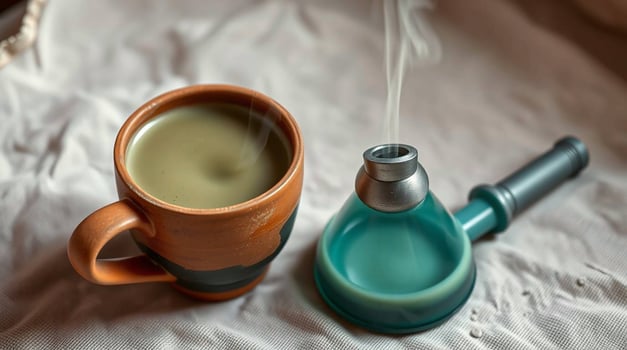 A cup of coffee and a pipe sitting on a bed photo