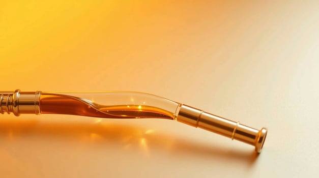Amber Liquid Flowing Through Glass and Brass Tubes Abstract Minimalist Design Beverages photo
