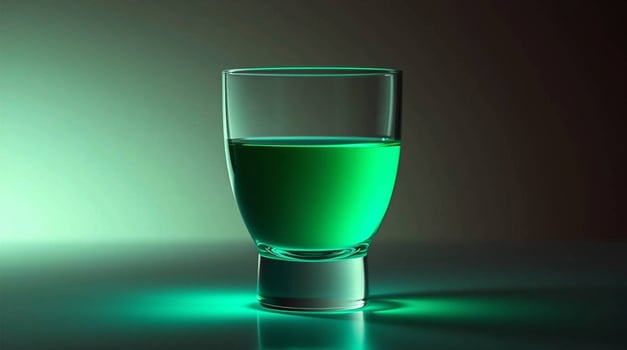 A green liquid in a glass with a light photo