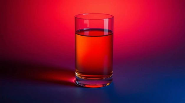 A glass of red liquid sitting on a blue background photo
