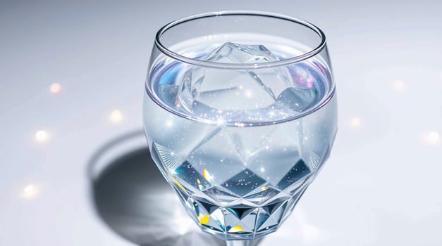 Crystal Glassware with Ice Cube and Water Sparkling Refreshment Beverages photo
