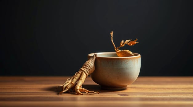 Ginseng root in a cup on a wooden table photo