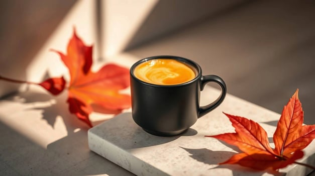 A cup of coffee with autumn leaves on the table photo
