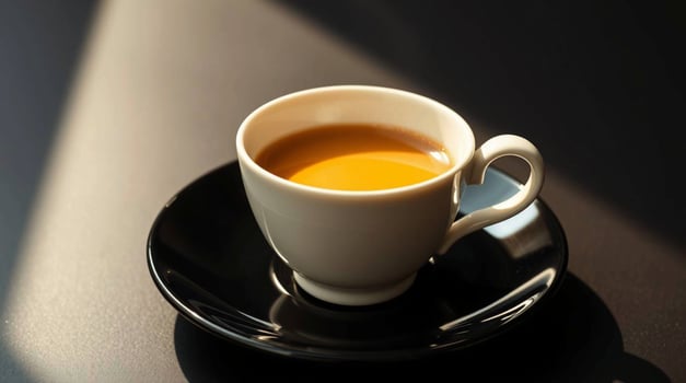 A cup of coffee on a saucer on a black table photo