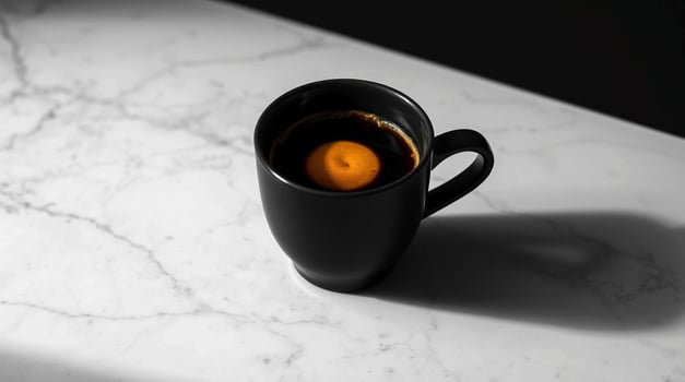 A black coffee cup with an orange egg in it photo
