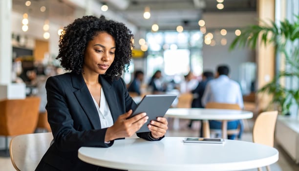 Young woman in sharp suit is focused on digital tablet while seated at table in modern cafe, surrounded by lively atmosphere. Her expression shows determination and engagement photo