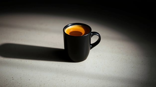 A black coffee cup with a small amount of coffee in it photo