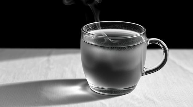 A black and white photo of a cup of hot water