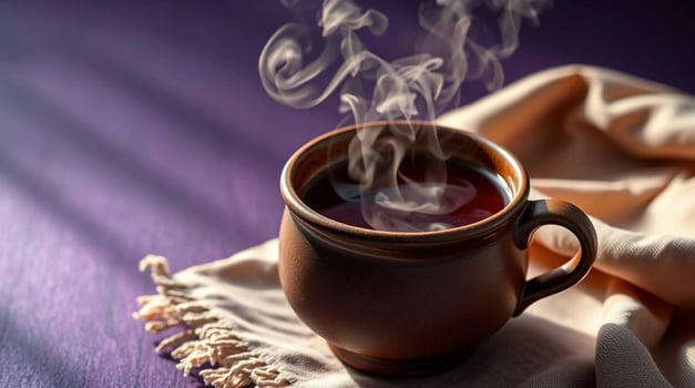 Warm Beverage in Rustic Mug Steaming Hot Tea or Coffee on Fabric Beverages photo