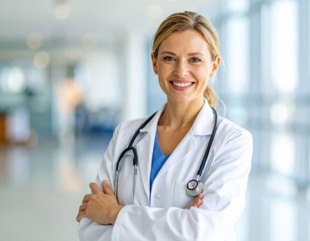 A female doctor standing in an office with her arms crossed photo