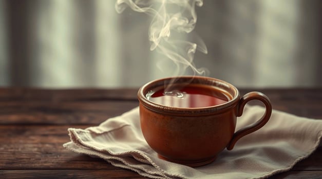 A Rustic Brown Ceramic Mug of Hot Tea on Wooden Table with Linen Cloth Beverages photo
