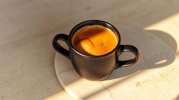 A black cup of coffee sitting on a white surface photo