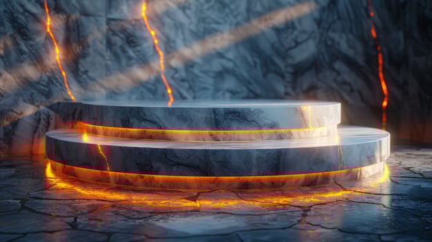 A circular, tiered marble podium with glowing edges, illuminated by bright orange light, stands on a cracked, textured surface, with an abstract background. photo