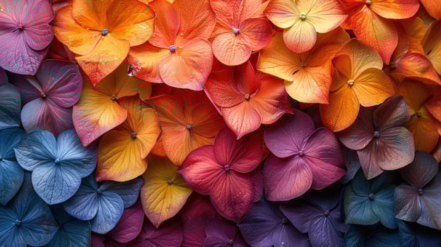 A vibrant gradient of blue, orange, and red hydrangea petals creates a colorful, abstract background. photo